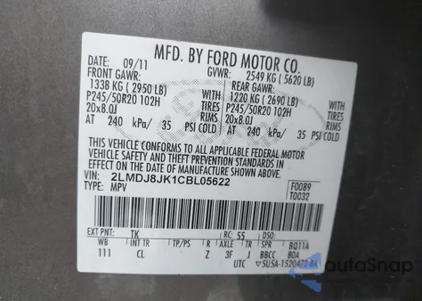 2012 Lincoln Mkx z USA, uszkodzony, nr VIN 2LMDJ8JK1CBL05622